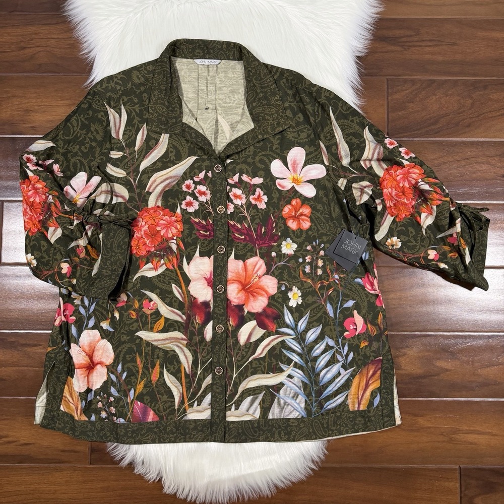 John Mark Size 1X Green Floral Button Up Cinched Sleeve Shirt Top Wire Collar